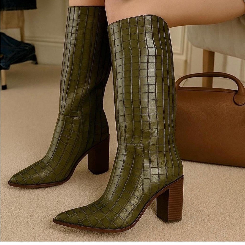 NEW Schutz Maryana Dark Green Leather Croc Block Knee High Boots Size 5.5 - Picture 2 of 12